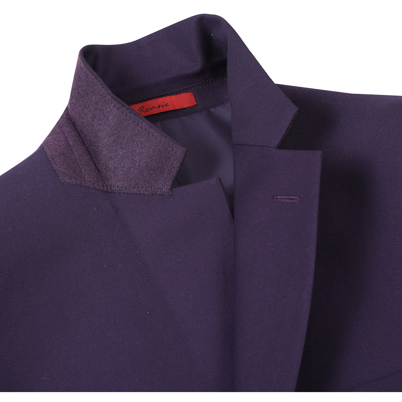 The Alessandro Vitello by Renoir 2-piece purple slim fit suit (201-14) features a single-breasted notch lapel, shown on a mannequin with a white shirt and striped tie.