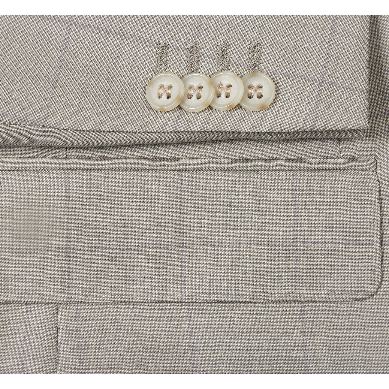 The Alessandro Vitello by Renoir Classic Fit Suit 566-10, in light gray plaid with notch lapels, is styled on a mannequin with a white dress shirt and blue striped tie.