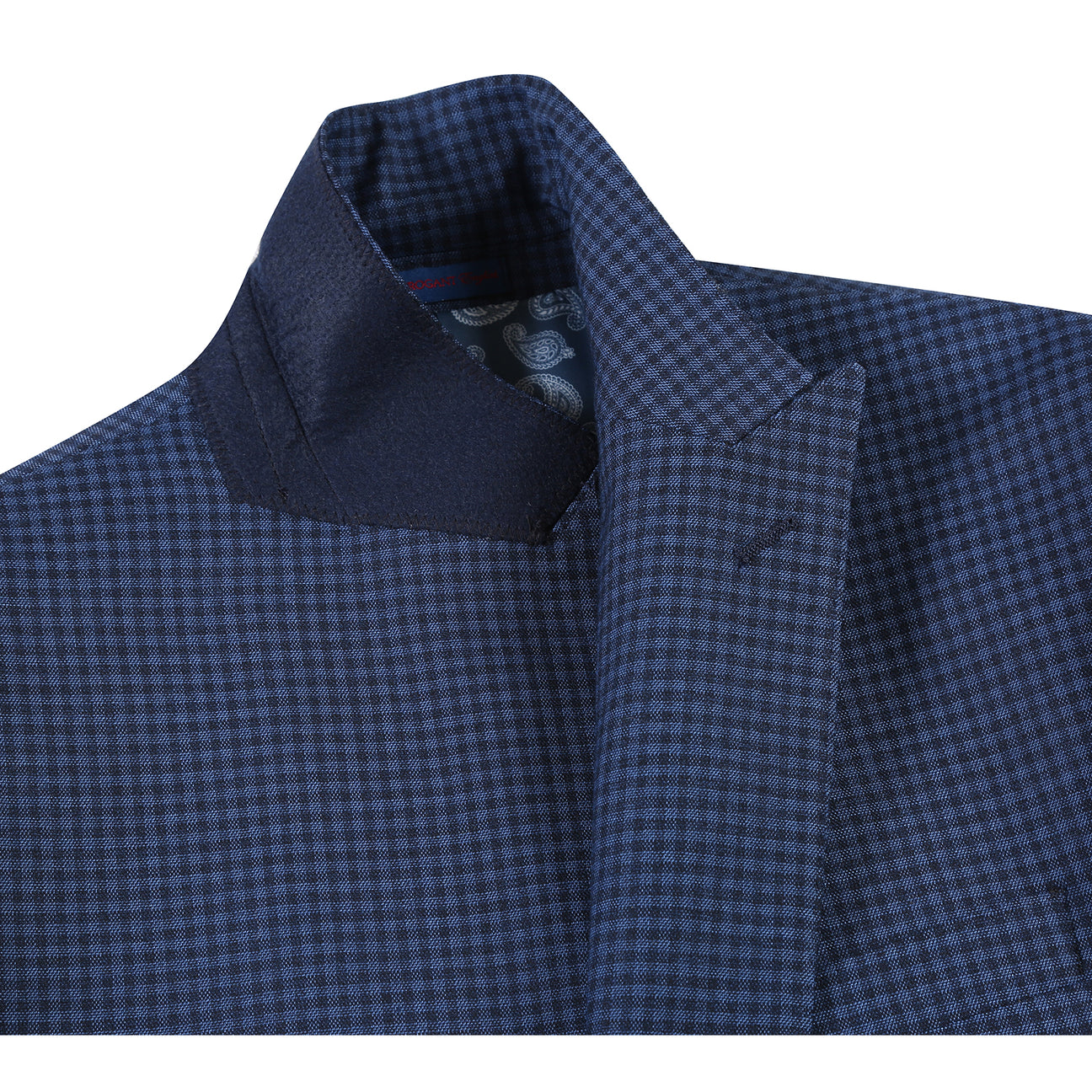 The ENGLISH LAUNDRY Navy Check Suit 22-10-412EL by English Laundry is a slim fit jacket with a two-button closure, styled with a white dress shirt and red patterned tie on a headless mannequin.
