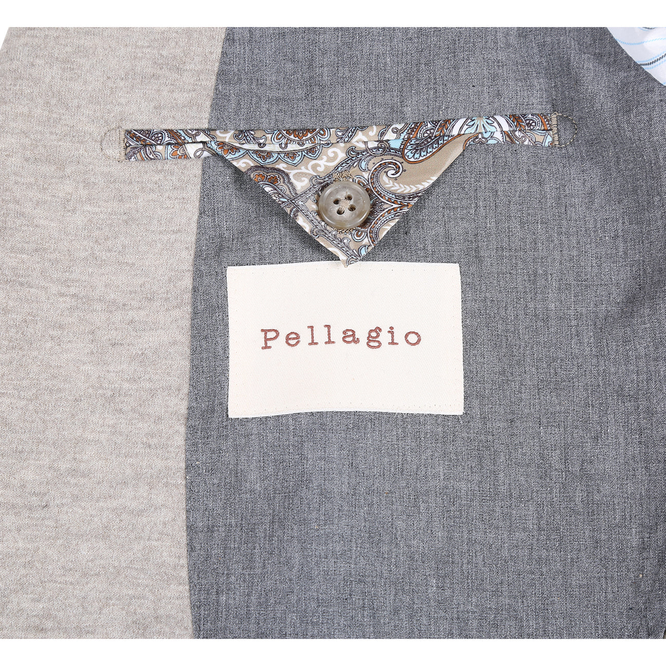 The Pellagio Men's Slim Fit Riserva Jacket Beige PF25-21W features two front pockets, button closure, a patterned pocket square, and striped tie over a white shirt, displayed on a mannequin.