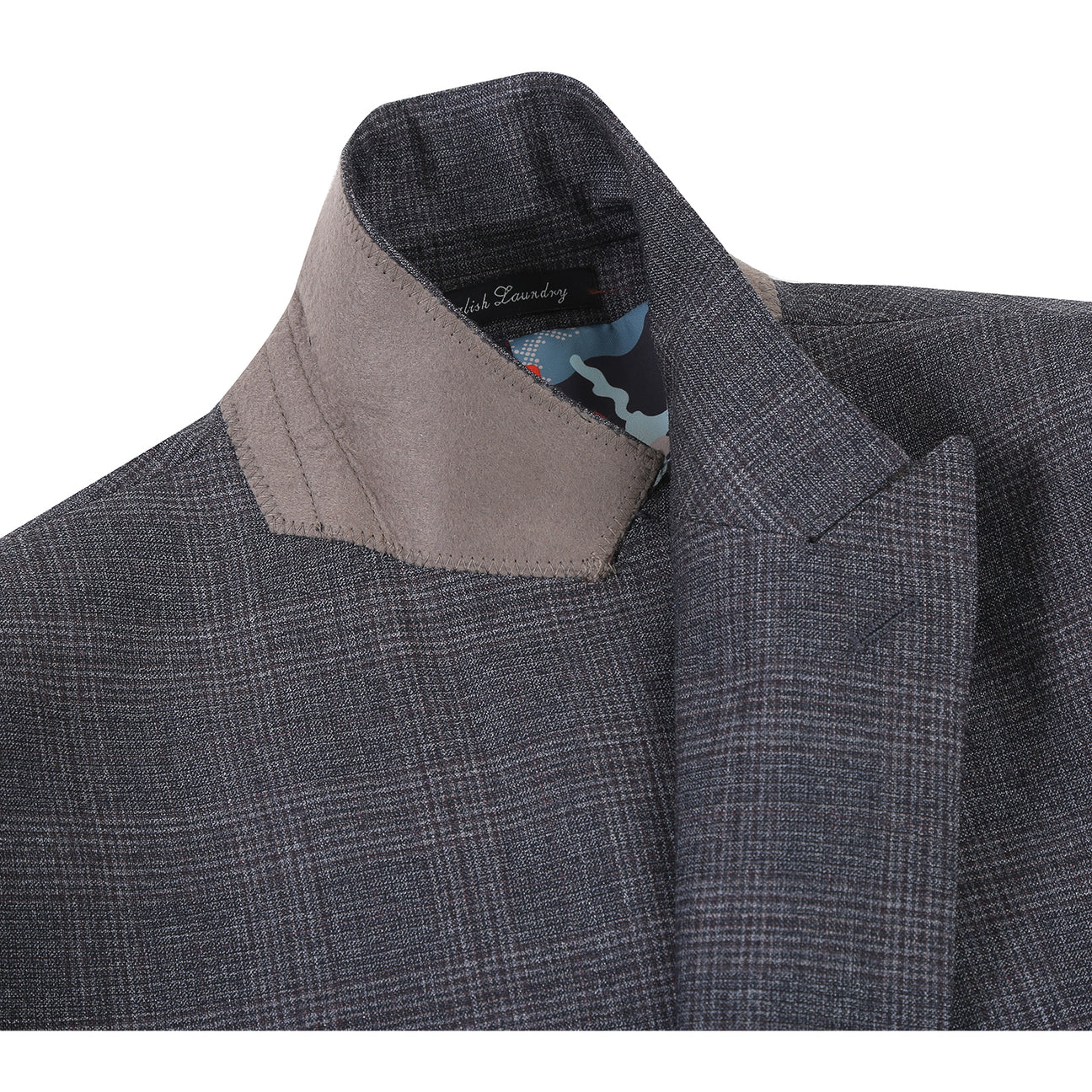 The ENGLISH LAUNDRY Dark Gray Check Suit EL12-57-095 by English Laundry is displayed on a mannequin, styled with a white dress shirt and a red patterned tie.