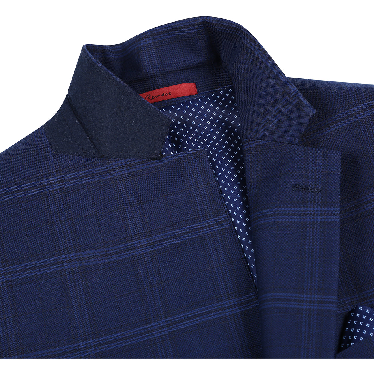 The Renoir Alessandro Vitello Classic Fit Galaxy Blue Suit 293-41 is displayed on a mannequin with a white dress shirt, maroon polka dot tie, and matching pocket square.