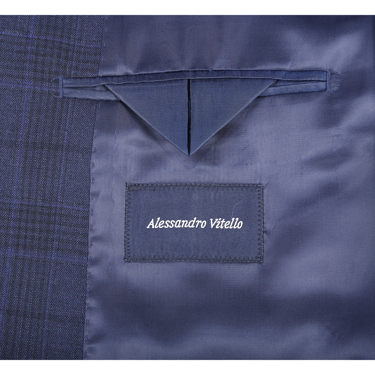 Showcase of Renoir’s Alessandro Vitello New Slim Fit Suit 568-3 in dark blue patterns, with peak lapel jackets, matching flat front pants, fabric/button close-ups, and side vents.