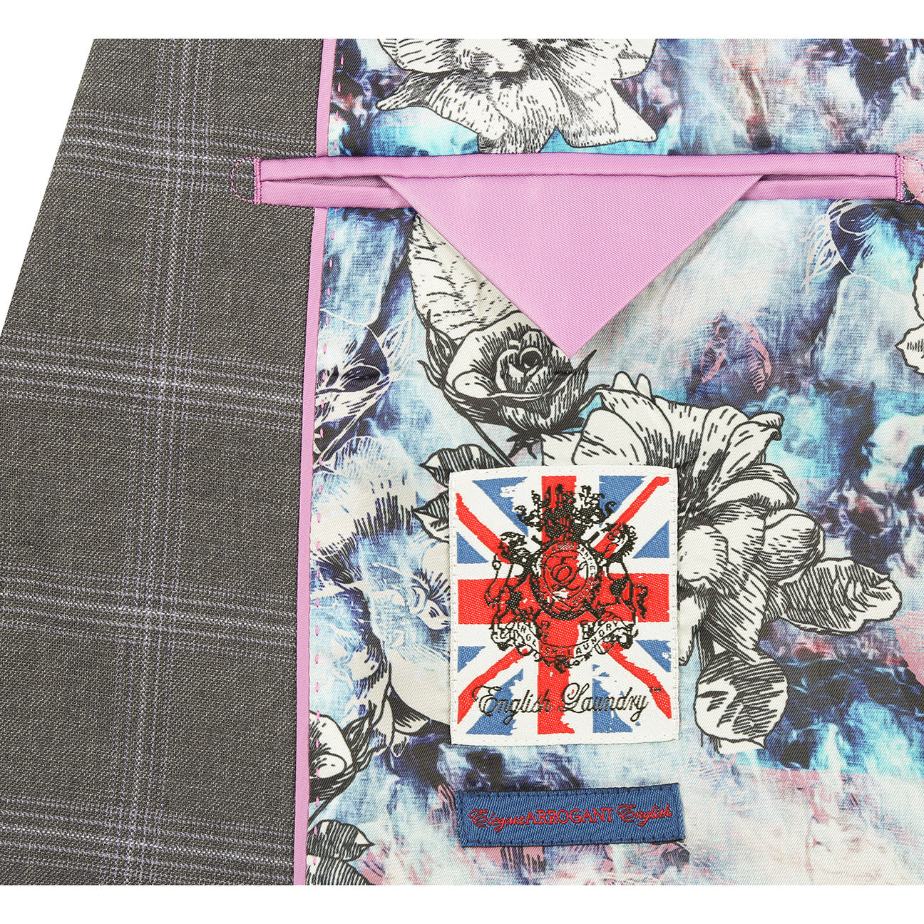 The ENGLISH LAUNDRY Grey Check Suit 12-55-095EL by English Laundry is a slim fit gray plaid blazer with notch lapels, two front flap pockets, and a colorful floral inner lining, shown on a white background.