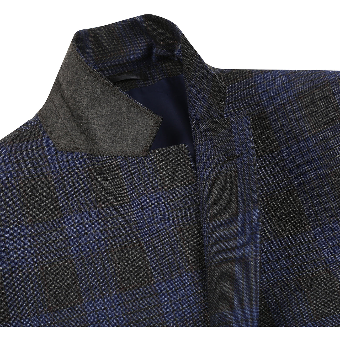 The Alessandro Vitello by Renoir New Slim Fit Wool Gray Blue Blazer 565-12, a stylish wool blend jacket from Renoir, is shown on a mannequin paired with a white dress shirt and blue patterned tie.