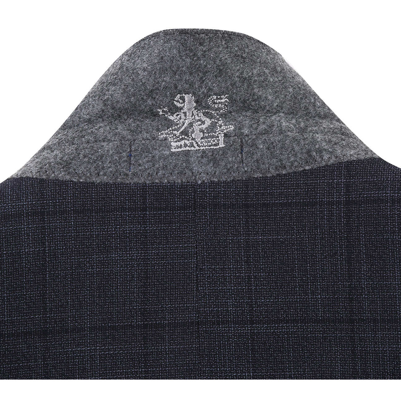 The ENGLISH LAUNDRY Dark Gray Check Suit 22-53-095EL by English Laundry features a slim fit jacket with notch lapels, shown over a white dress shirt and red polka dot tie on a mannequin.