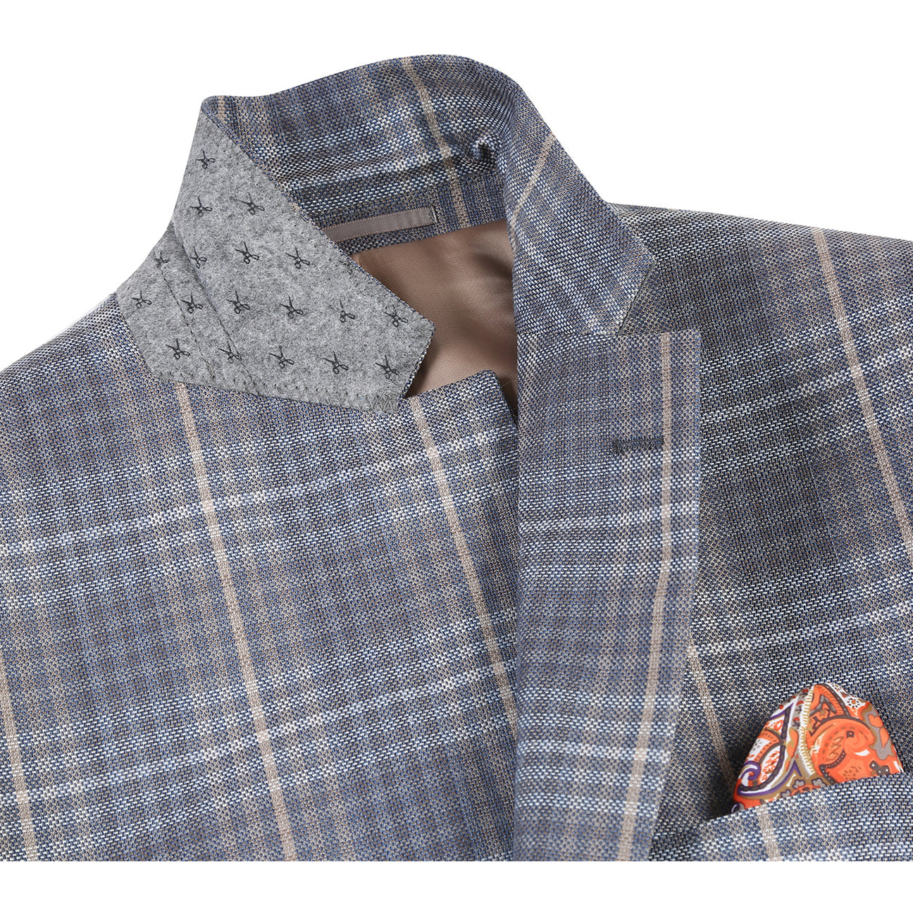 The Alessandro Vitello by Renoir New Slim Fit Sport Coat 565-3, a gray plaid wool-blend design with a notch lapel and side vents, is paired with a white dress shirt, brown patterned tie, and an orange pocket square.