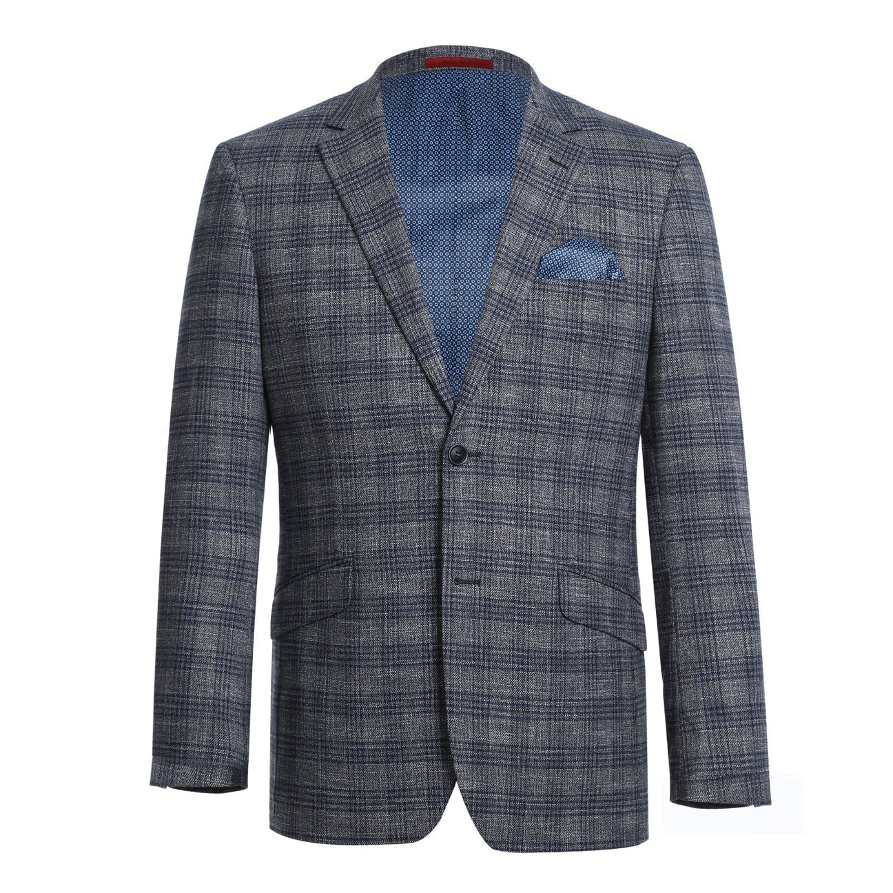 The Alessandro Vitello by Renoir Slim Fit Stretch Checked Blazer Gray 294-13, a single-breasted gray plaid blazer with notch lapels and two buttons, is elegantly styled on a mannequin with a white dress shirt, blue striped tie, and matching pocket square.
