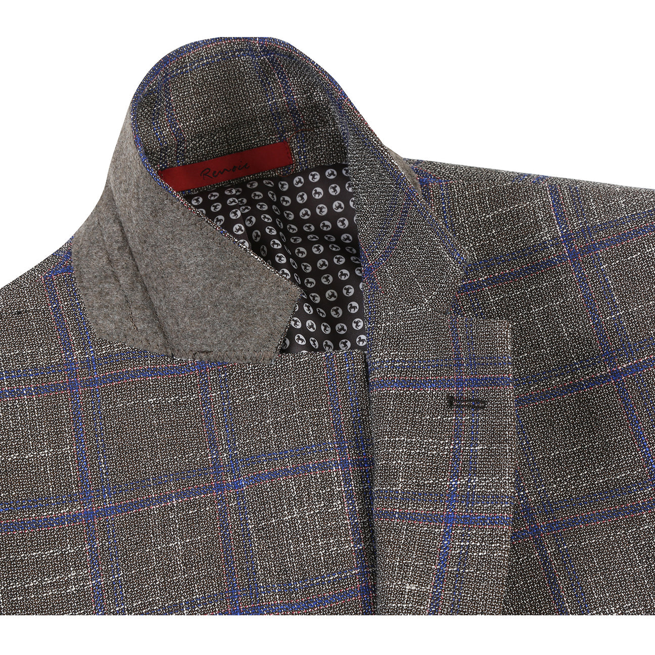 The Renoir Alessandro Vitello Slim Fit Sport Coat 294-29, a gray plaid jacket with purple stripes and a notch lapel, is stylishly displayed on a mannequin with a white dress shirt and orange patterned tie.