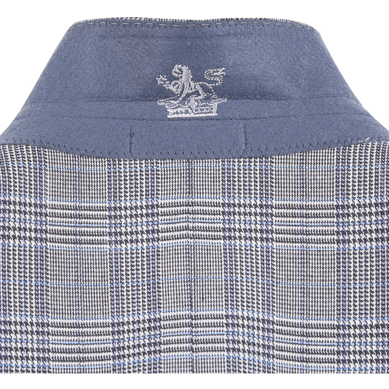 English Laundry 2pc Suit Light Gray 32-50-002EL: Men’s slim-fit single-breasted grey plaid blazer with two-button closure, two front pockets, and a blue patterned lining—versatile for any modern wardrobe. Displayed on a white background.