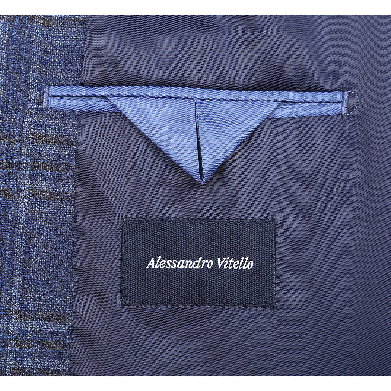 The Alessandro Vitello by Renoir New Slim Fit Wool Navy Blazer 567-17, featuring a notch lapel and pocket square, is styled with a white shirt and striped necktie on a mannequin.