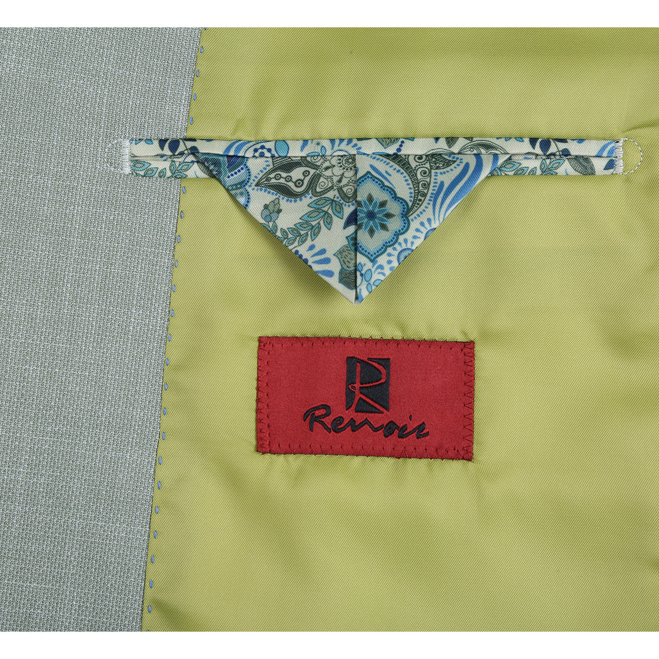 The Alessandro Vitello by Renoir New Slim Fit Light Green Blazer 294-58 is a men's single-breasted jacket with notch lapel, displayed on a mannequin with a white shirt, patterned tie, and matching pocket square.