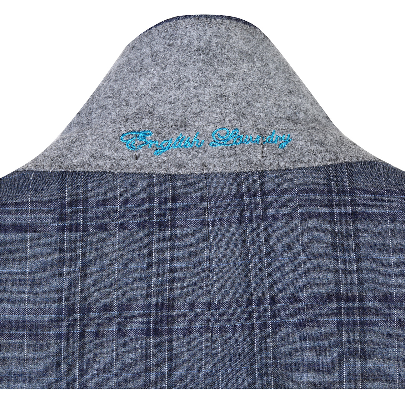 The ENGLISH LAUNDRY Wool Suit EL92-57-093 by English Laundry features a gray plaid slim-fit jacket over a white dress shirt with a red patterned tie, displayed on a mannequin.