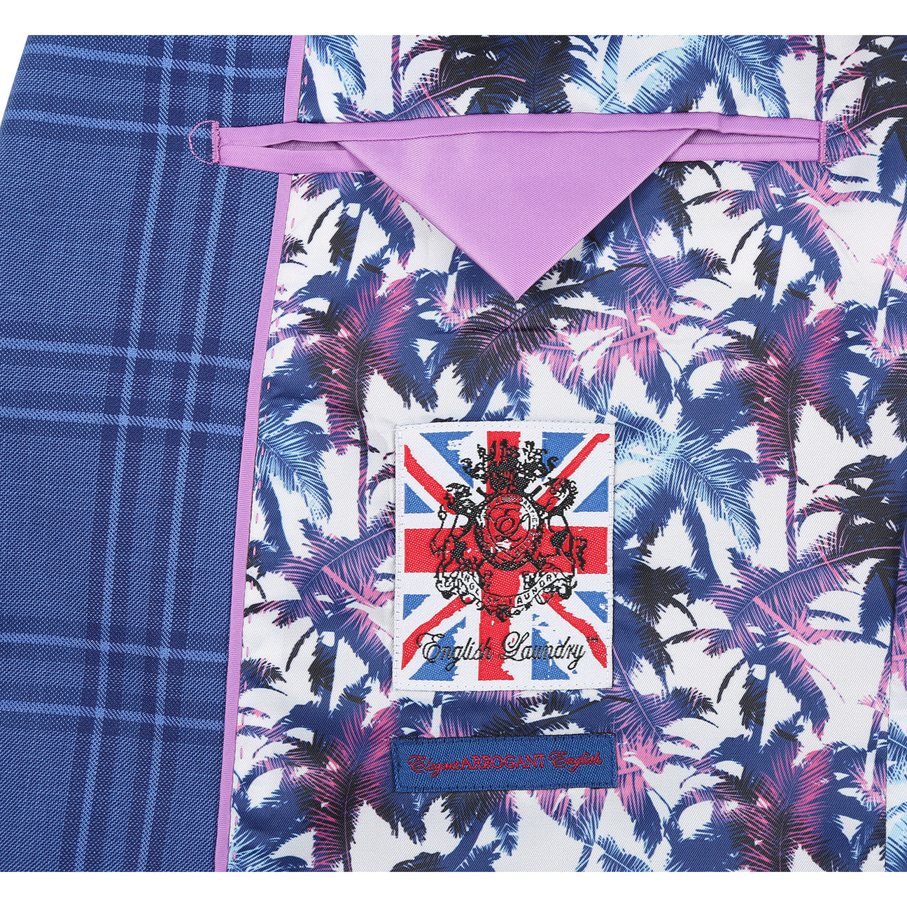 The ENGLISH LAUNDRY Blue Check Suit 12-63-411EL by English Laundry is a slim fit blue plaid blazer with two-button closure, notch lapels, front pockets, and a colorful floral lining, shown on a white background.