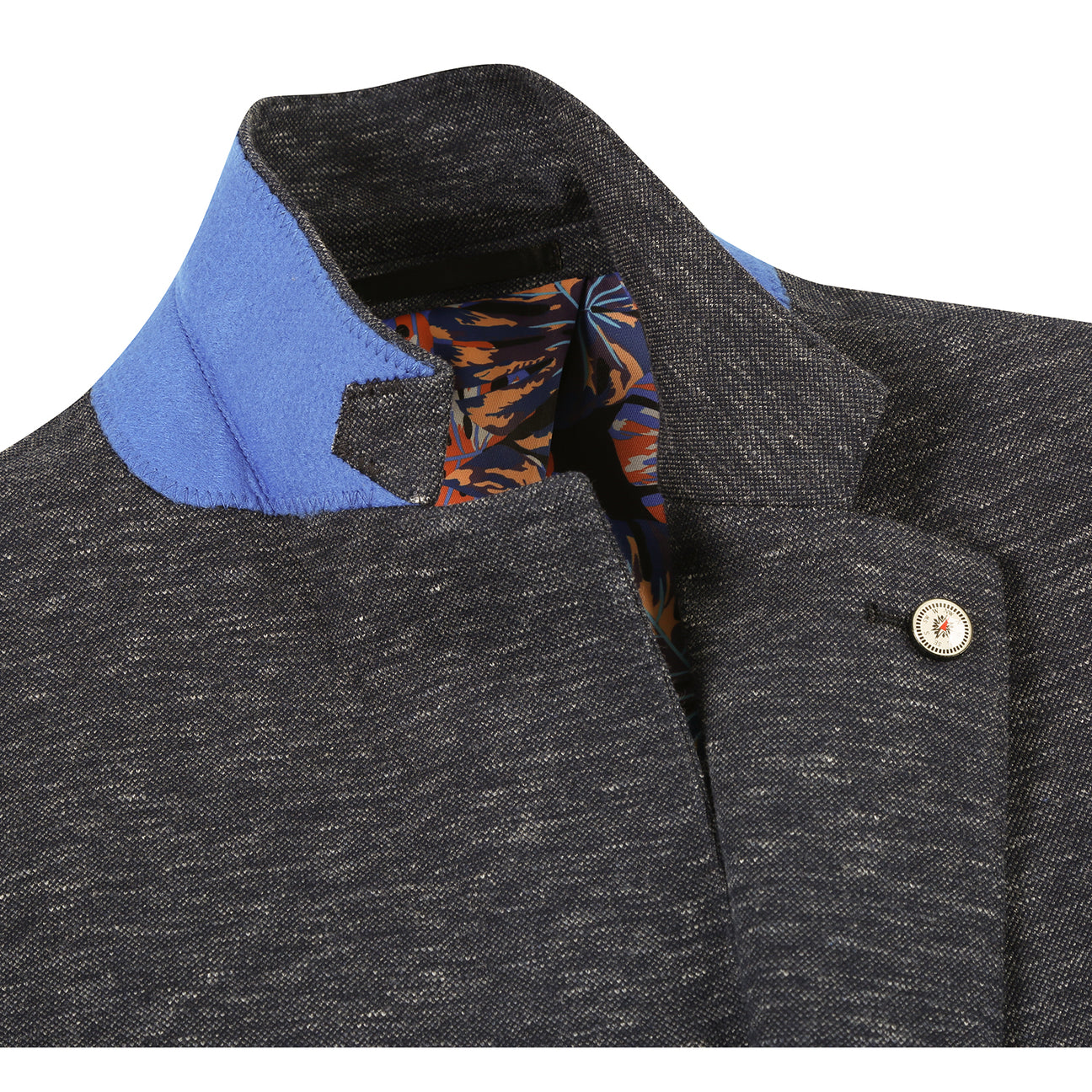 The Pellagio Men's Half Canvas Blazer Gray Blue PF24-1, a slim fit with notched lapel, is showcased on a mannequin with a white shirt, striped tie, and colorful pocket square.