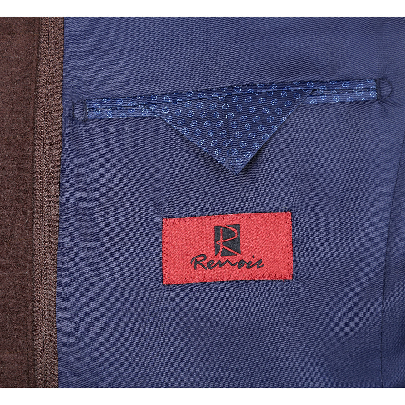 The Renoir Alessandro Vitello Classic Fit Bib Navy Blazer 294-42 features a notch lapel, two-button closure, brown quilted inner vest, and light blue pocket square, shown on a mannequin.