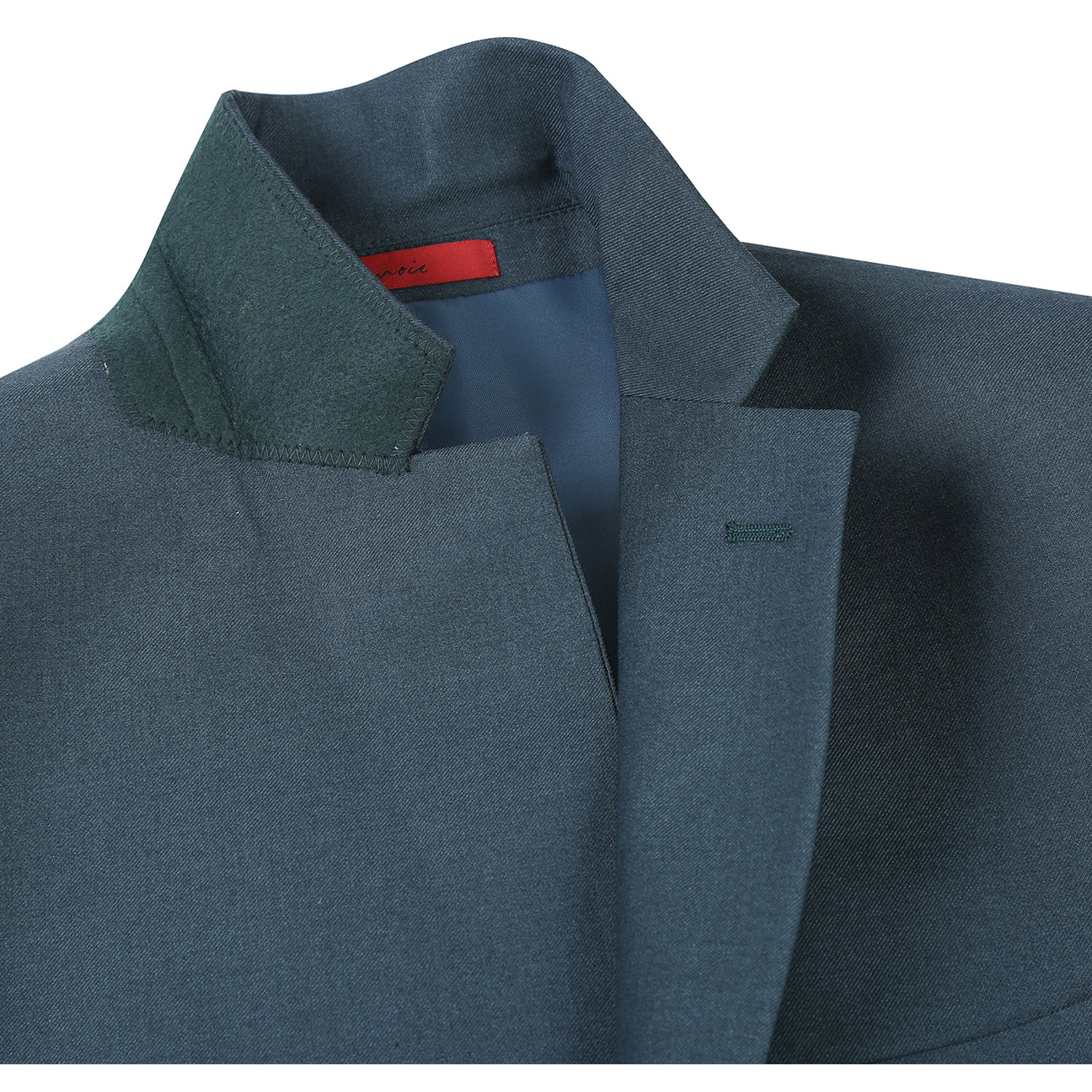 The Renoir Alessandro Vitello 2-Piece New Slim Fit Forest Green Suit (201-13) is shown over a white dress shirt with a blue striped tie, displayed on a mannequin against a white background.