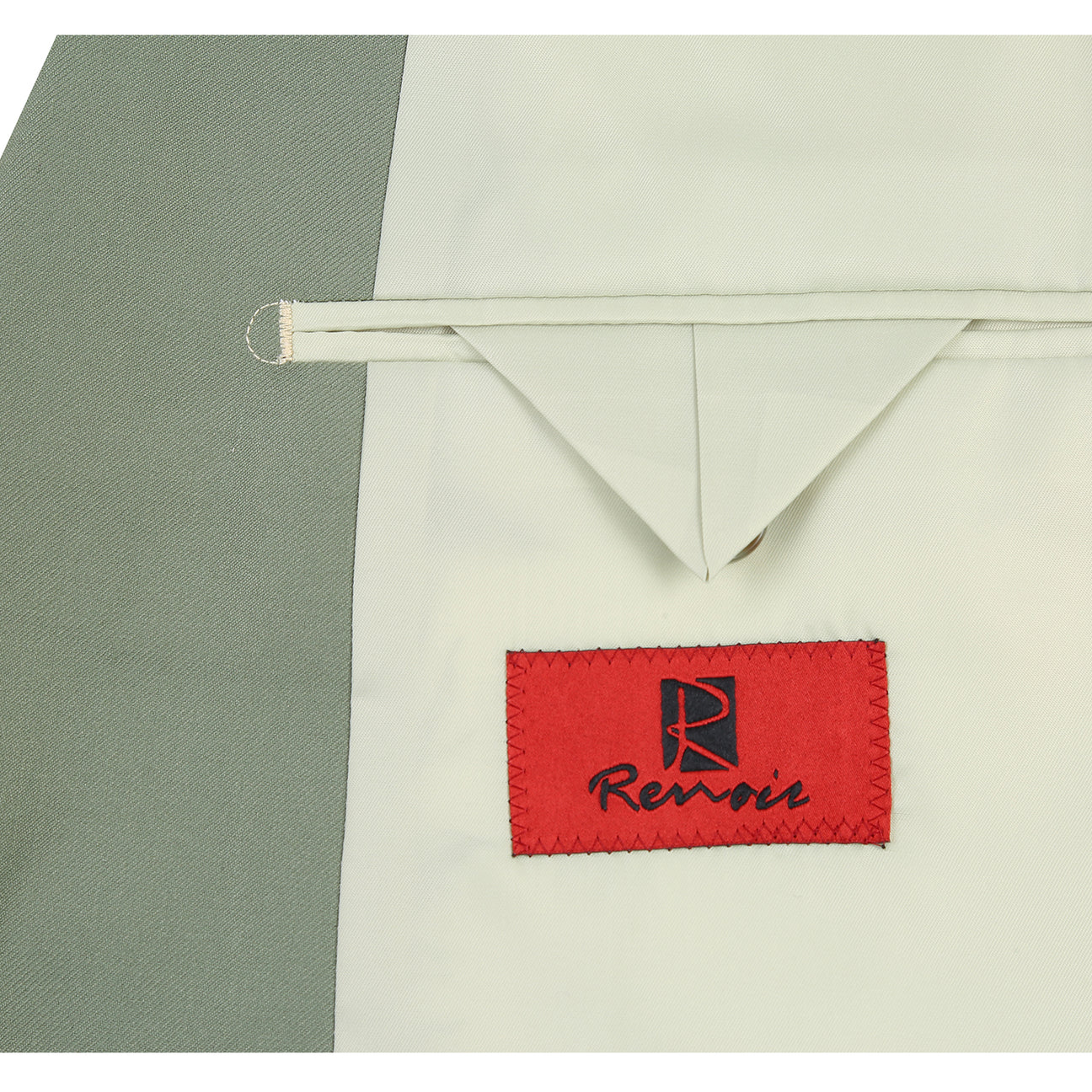 The Alessandro Vitello by Renoir 2-piece sage suit (201-12) is displayed on a mannequin with a white dress shirt, brown patterned tie, and matching pants.