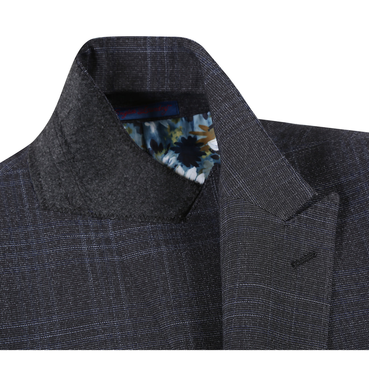 The English Laundry Navy Gray Check Suit 22-68-410EL features a modern slim fit jacket with notch lapel, crisp white shirt, and blue patterned tie—an ideal look for any occasion. Displayed on a mannequin against a white background.