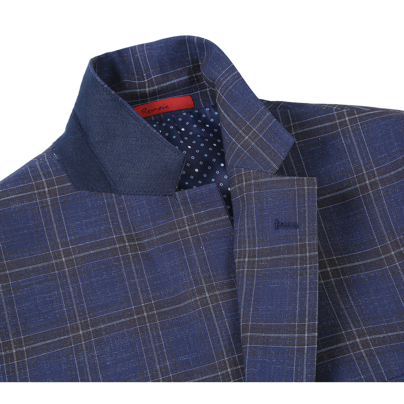 The Alessandro Vitello by Renoir Blue Slim Fit Side Vented Blazer 294-19, styled with a white shirt and purple polka dot tie, is elegantly displayed on a mannequin.