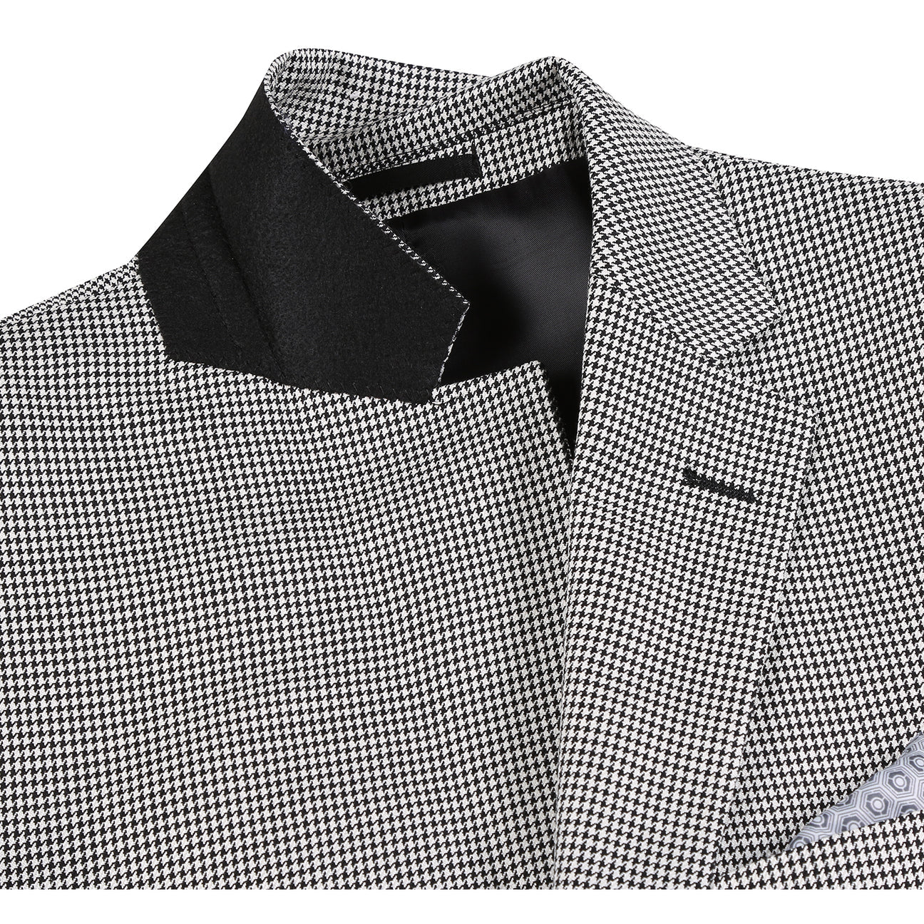 The Alessandro Vitello by Renoir New Slim Fit Wool Off White Black Blazer 565-20 by Renoir, shown with a white dress shirt and striped tie on a headless mannequin.