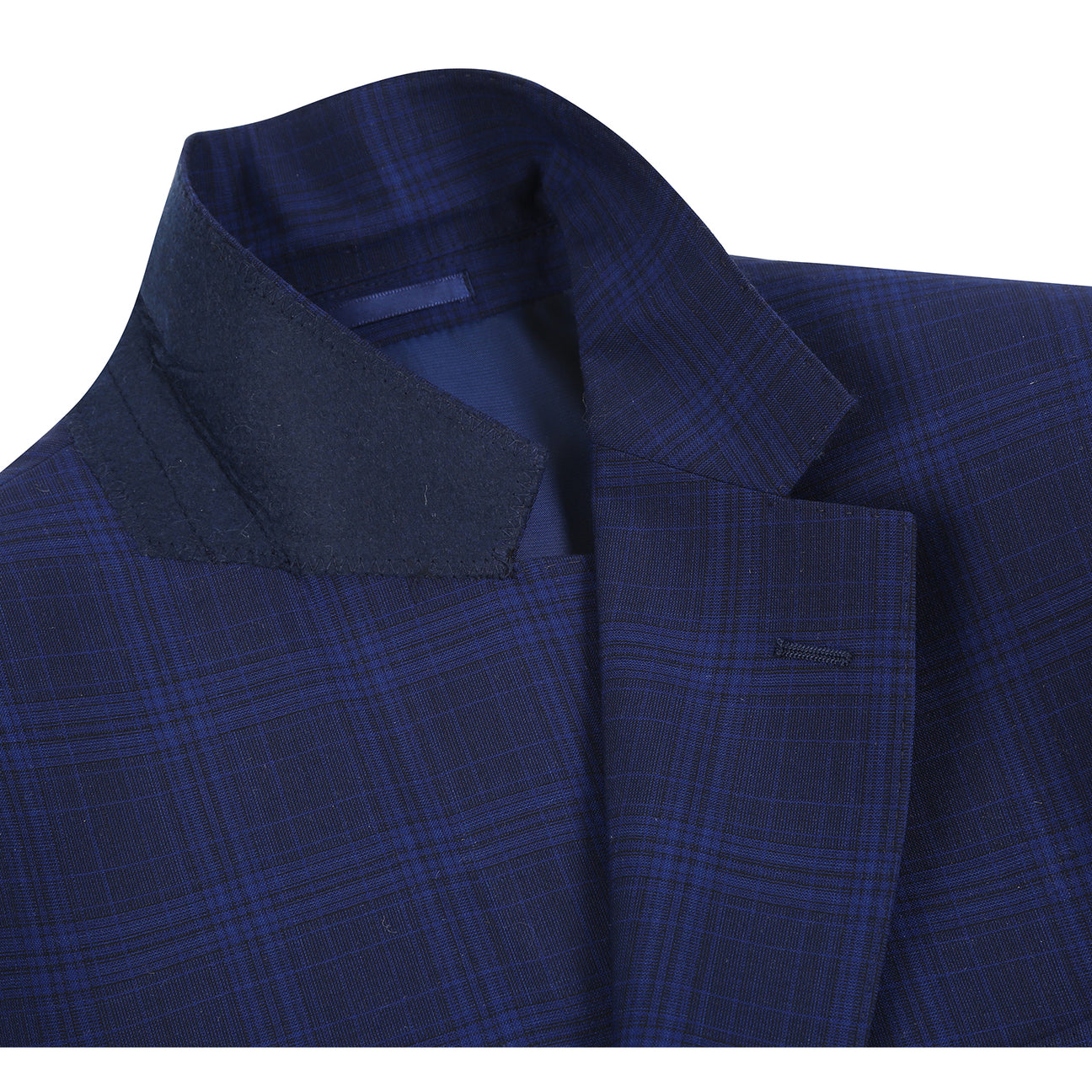 The Alessandro Vitello by Renoir New Slim Fit Wool Blue Suit 566-7 is displayed on a mannequin, styled with a white dress shirt and a maroon patterned tie.