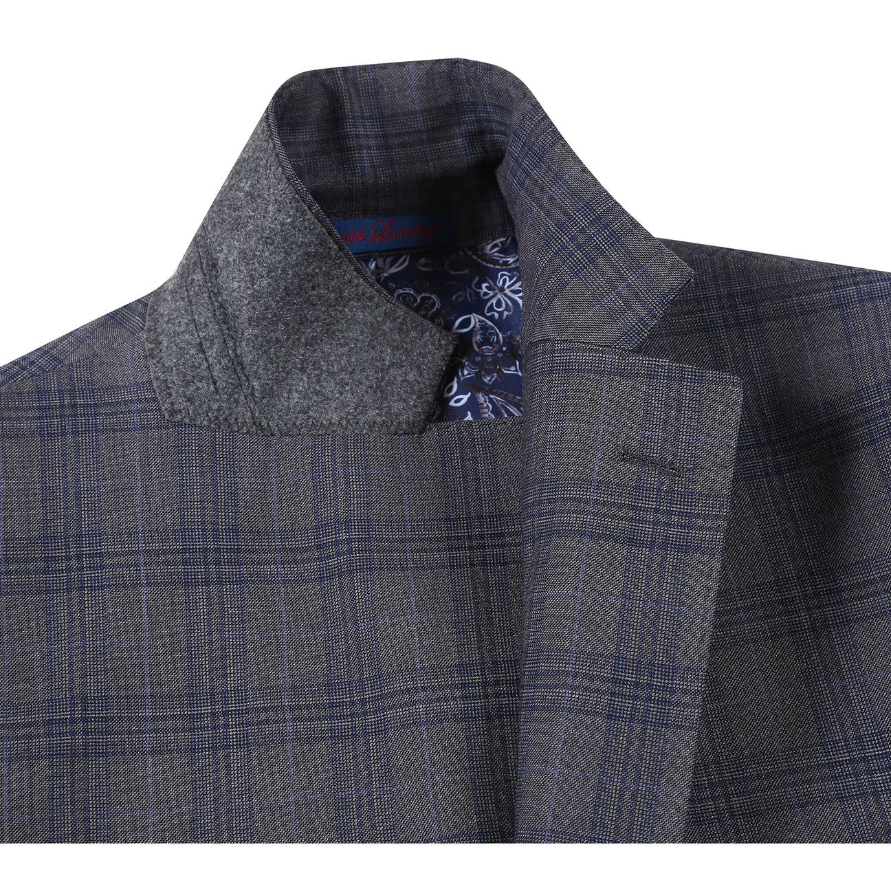 The ENGLISH LAUNDRY Gray Check Suit 22-57-500EL by English Laundry, a slim fit plaid jacket with a single black button, is shown over a white shirt and black tie on a headless mannequin against a white background.