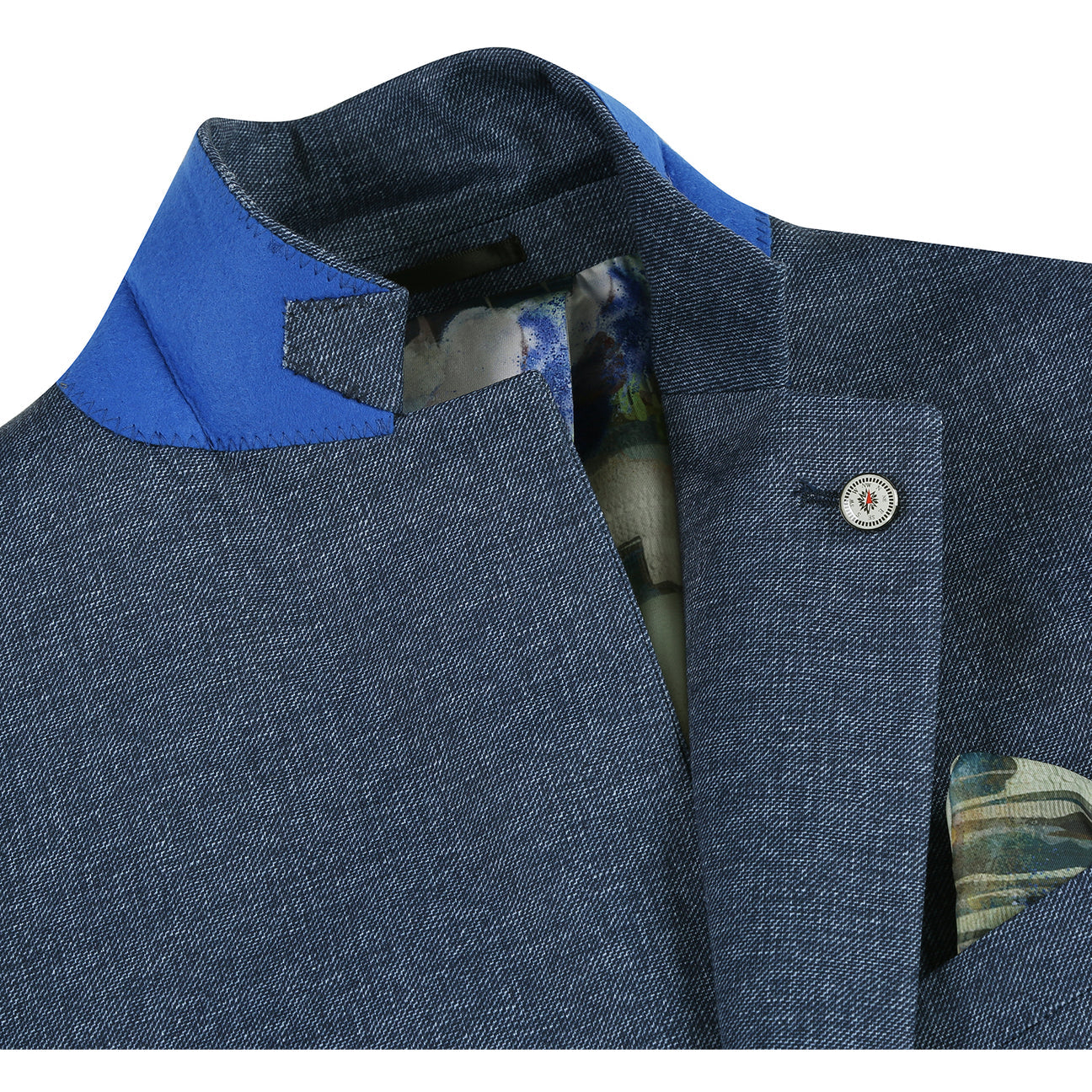 The Pellagio Navy Men's Half Canvas Blazer PS24-3 by Pellagio is a slim fit suit jacket featuring a floral lining, matching tie, and pocket square. It's crafted from 86% polyester, 9% rayon, and 5% spandex, with a buttoned front, notched lapel, single-breasted design, and blue interior accents.