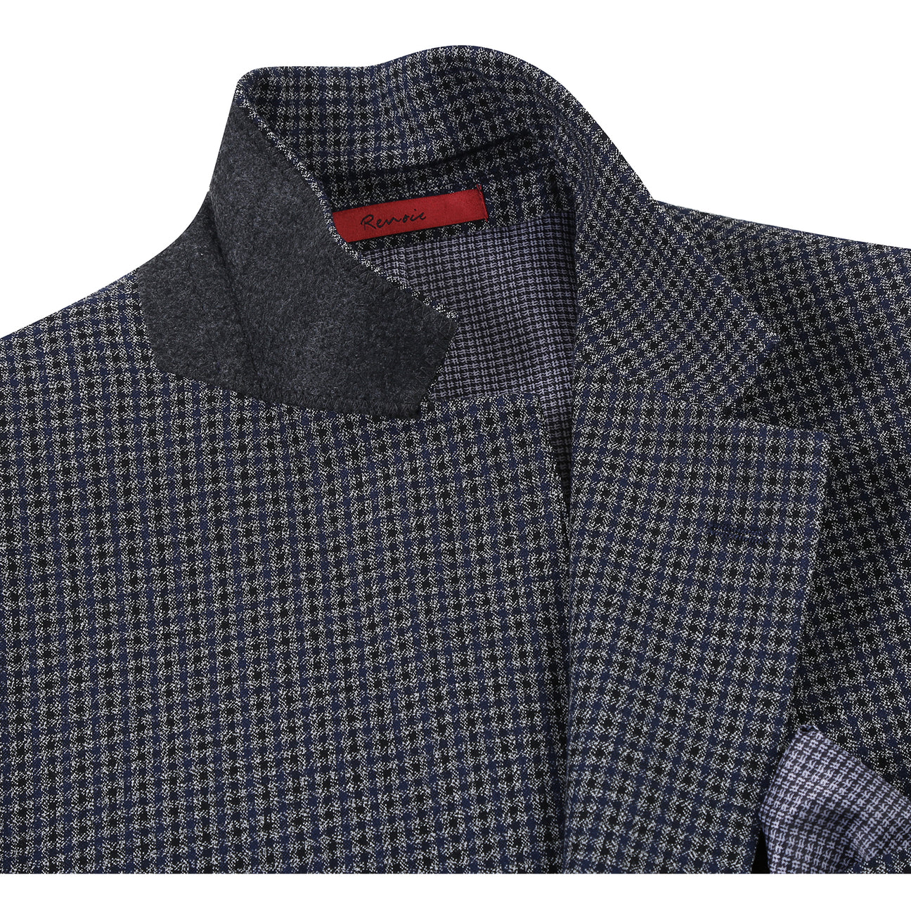 The Alessandro Vitello by Renoir New Slim Fit Brown Blue Blazer 294-38, featuring a modern design, is displayed on a mannequin over a white dress shirt and striped tie.