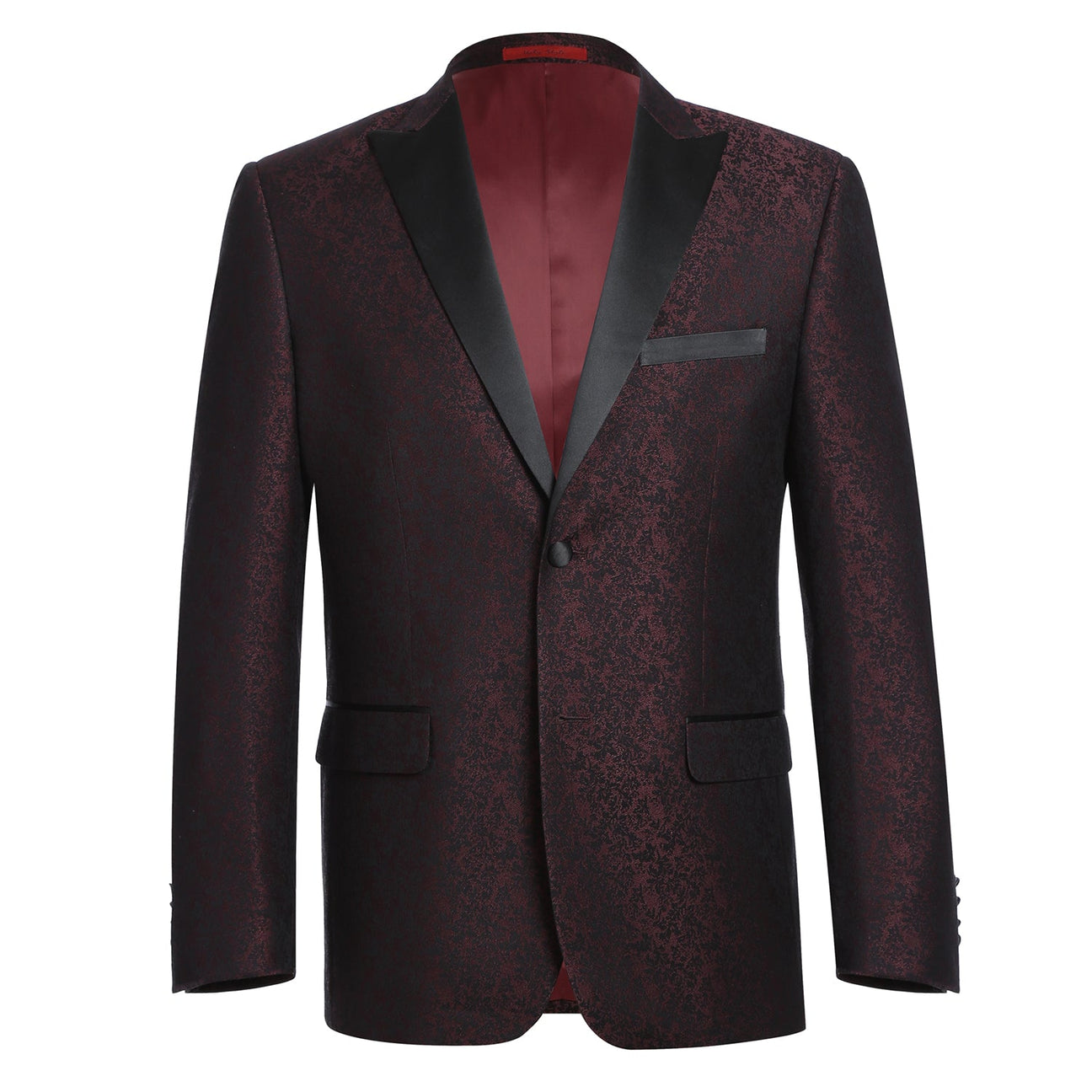 Close-up of the Renoir Alessandro Vitello Slim Fit Burgundy Tuxedo Blazer 290-5, featuring a black lapel, red patterned fabric, red inner lining, and an "Italy Style" label inside the collar.
