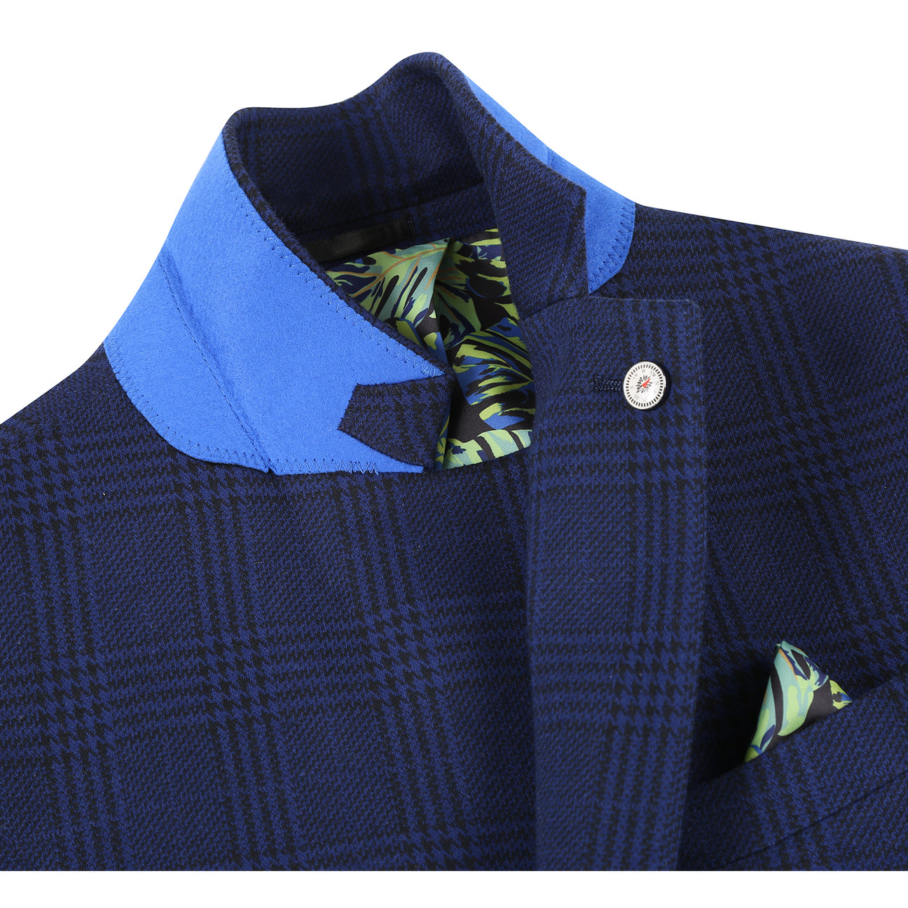 Mannequin styled in Pellagio Royal Blue Men's Half Canvas Blazer PF24-10 with a white shirt, red polka dot tie, and green pocket square.