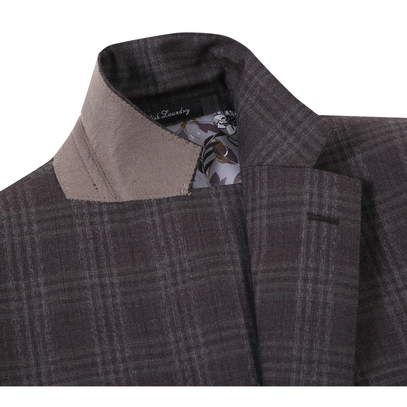 A mannequin showcases the English Laundry ENGLISH LAUNDRY Brown Check Suit EL12-58-555 with notch lapels, paired with a white dress shirt and a blue, brown, and gray striped tie.