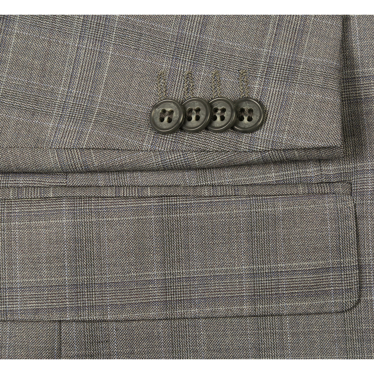 The Renoir Alessandro Vitello by Renoir Classic Fit Wool Suit 566-12, a gray plaid men's two-button jacket with notch lapels, is styled on a mannequin with a white dress shirt and red patterned tie.