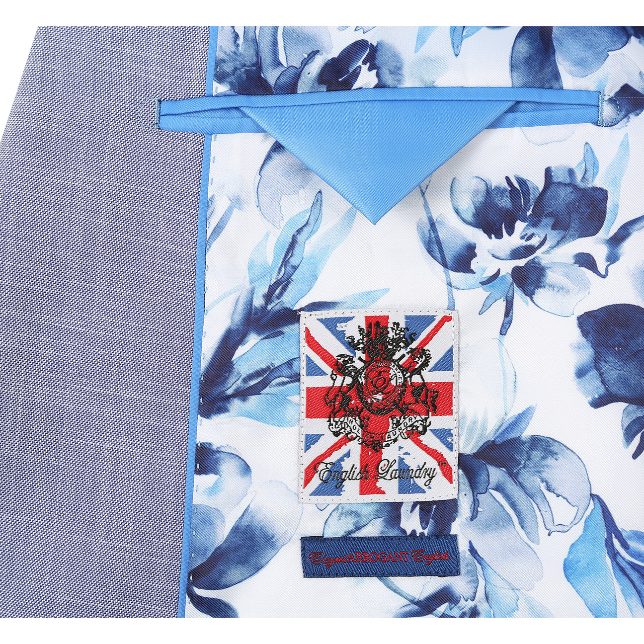 The ENGLISH LAUNDRY Light Gray Suit 32-02-002EL by English Laundry features notched lapels, two front flap pockets, a single button closure, and a blue and white floral patterned inner lining.