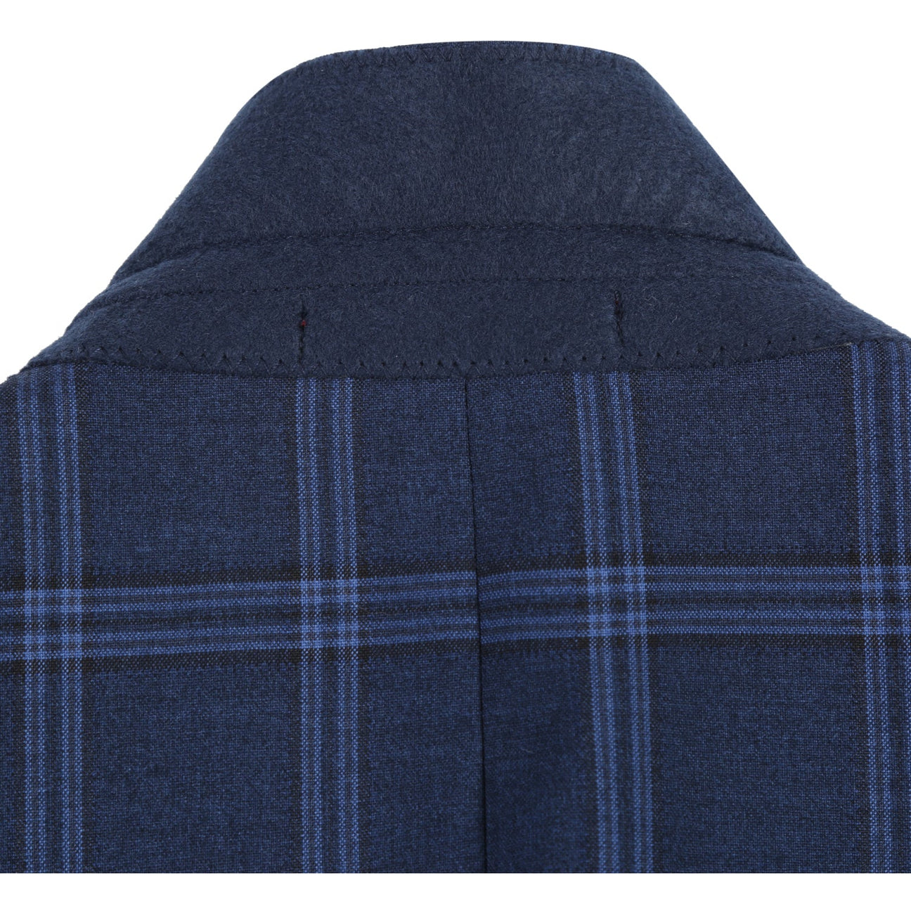 The Alessandro Vitello by Renoir Slim Fit Suit 293-22 features a navy plaid blazer on a mannequin with a white dress shirt, a burgundy polka dot tie, and flat front pants, complete with a notch lapel for sophistication.