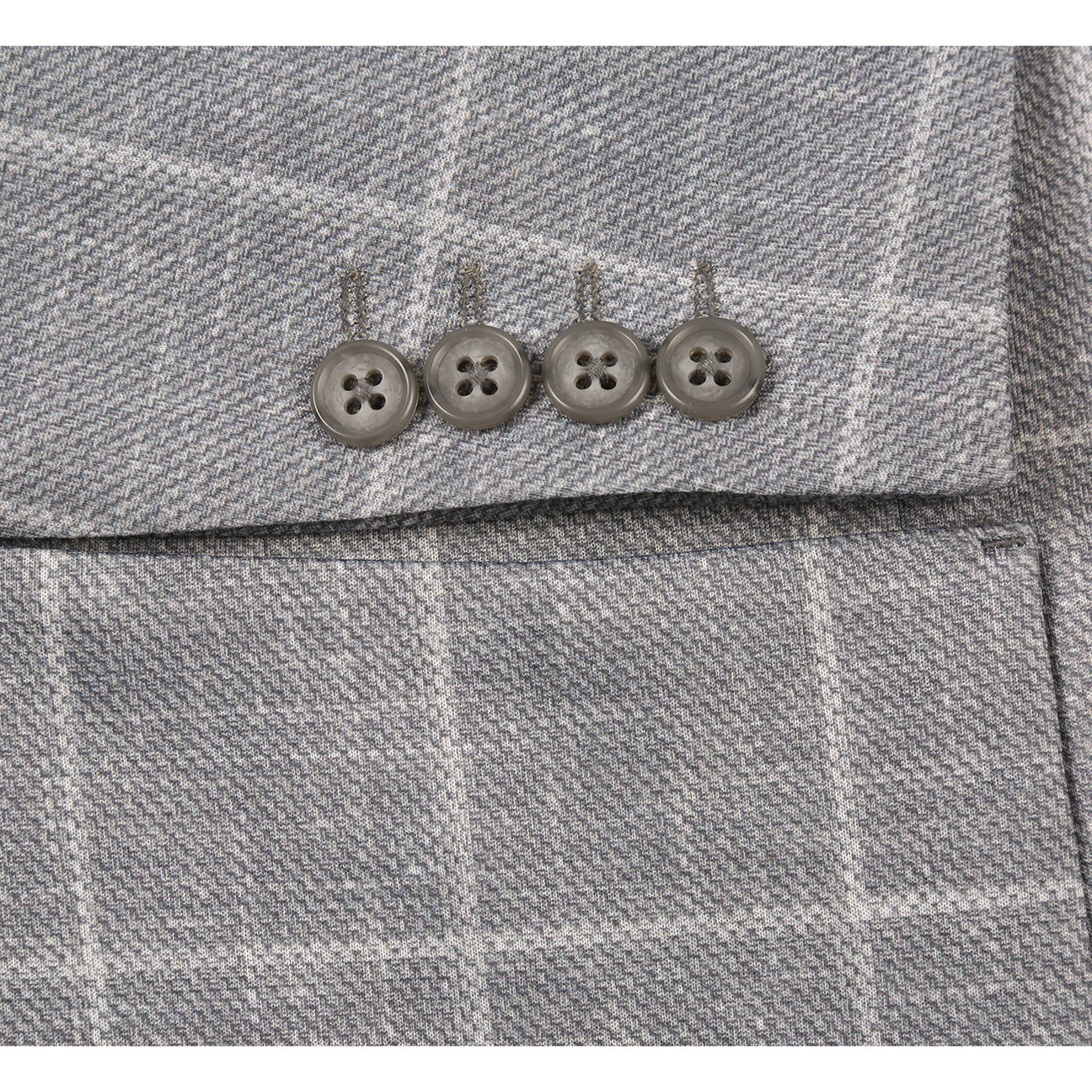 The Pellagio Men's Half Canvas Blazer Gray PS25-4 features a slim fit with a gray plaid pattern, displayed on a mannequin styled with a white shirt, red patterned tie, and blue pocket square.