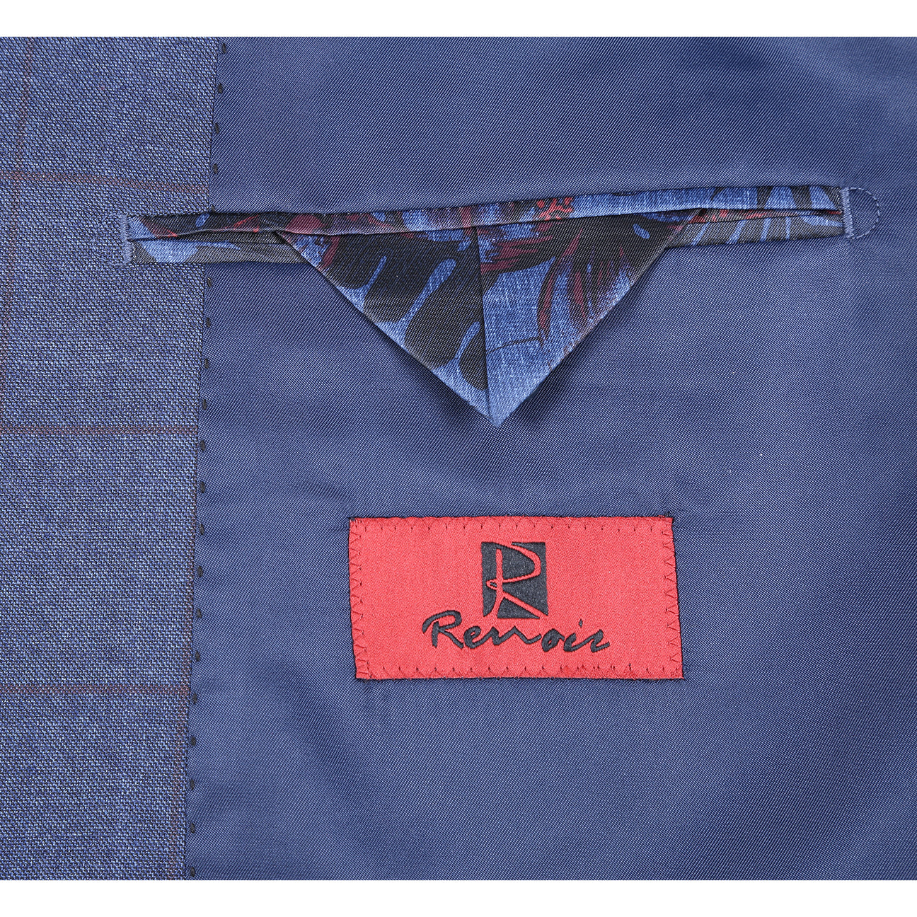 The Alessandro Vitello by Renoir Classic Fit Suit 293-56 features a blue side-vented jacket with a 3-inch notch lapel, flat front pants, four cuff buttons, plus fabric, stitching, and brand label close-ups from Renoir.