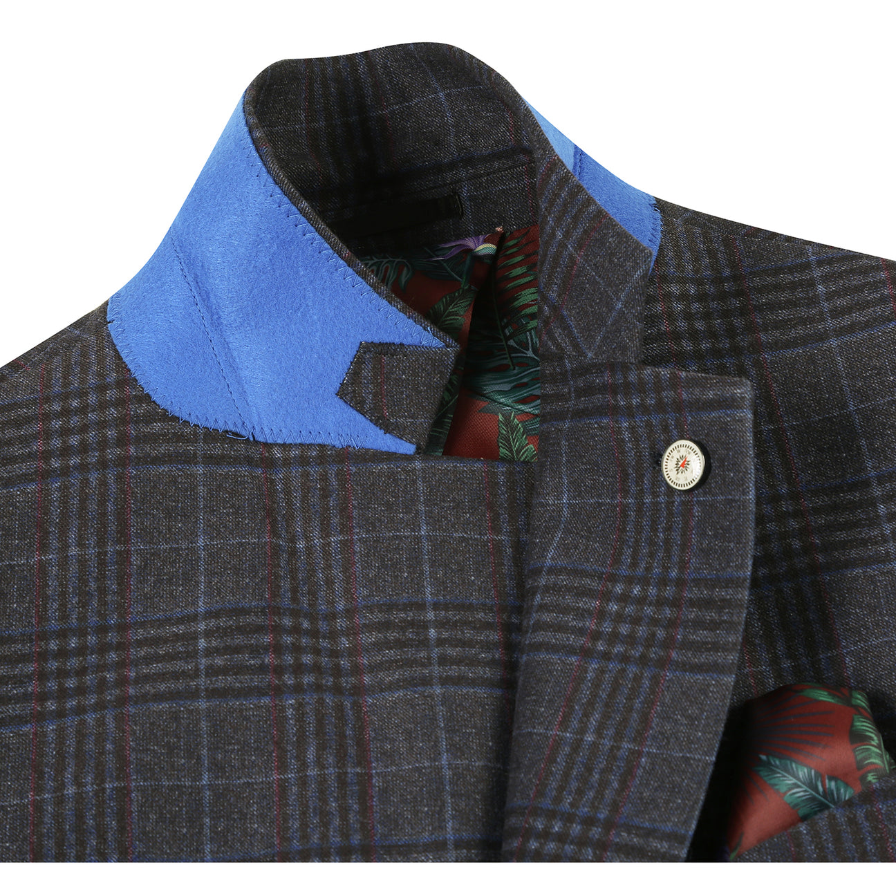 A mannequin features the Pellagio Blue Black Men's Half Canvas Blazer PF24-12, styled with a white shirt, red polka dot tie, and matching pocket square.