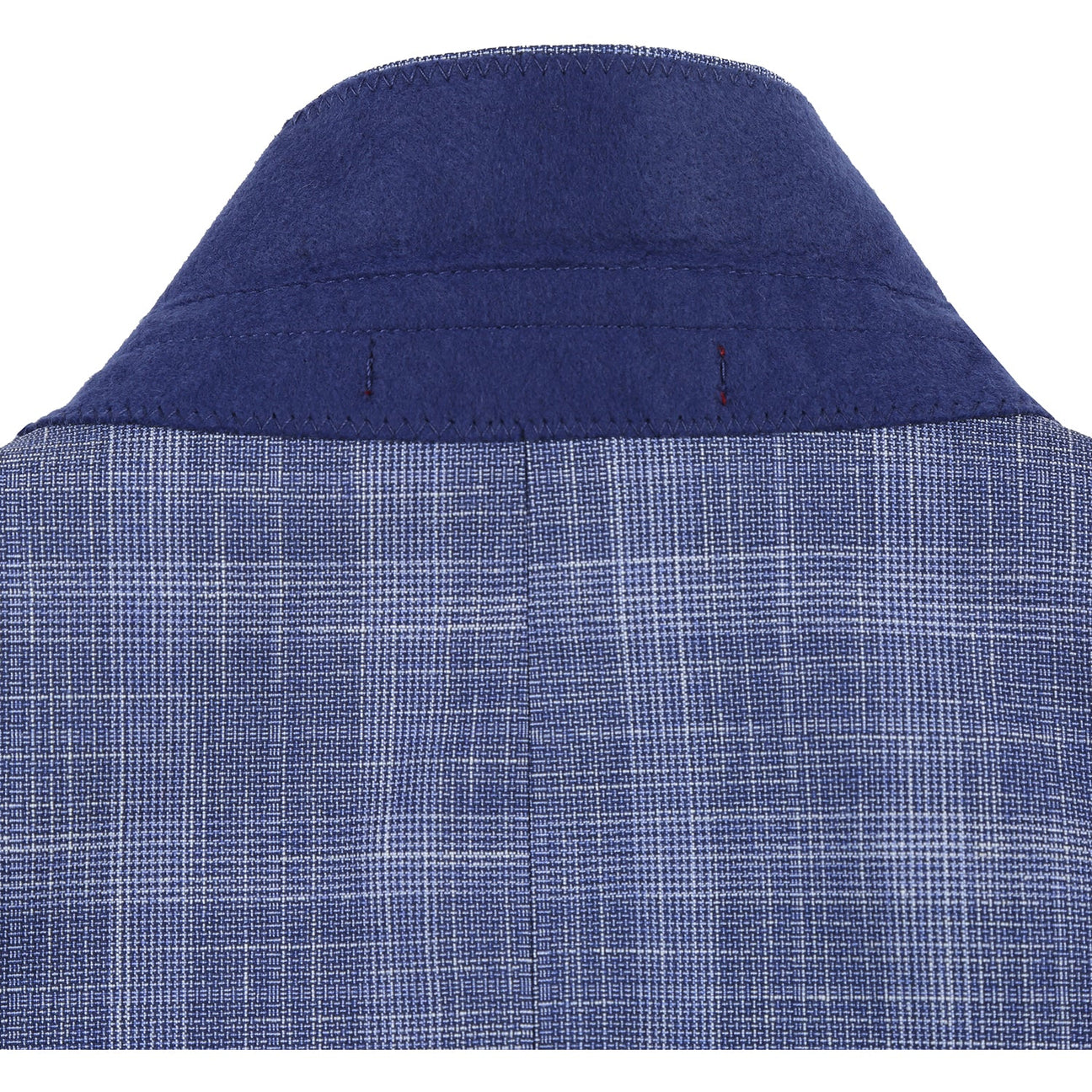 The Alessandro Vitello by Renoir Slim Fit Checked Suit Blue 293-24, featuring a blue plaid notch lapel jacket paired with a white dress shirt and an orange patterned tie, is elegantly displayed on a mannequin. Its polyester rayon blend ensures both comfort and style.