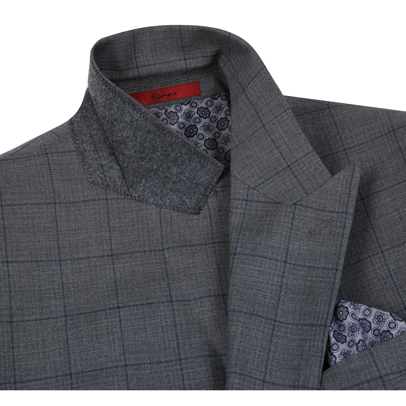 The Alessandro Vitello by Renoir Double-Breasted New Slim Fit Gray Suit 293-44 features a gray plaid design, styled here on a mannequin with a white shirt, maroon polka dot tie, and patterned pocket square for sharp modern elegance.