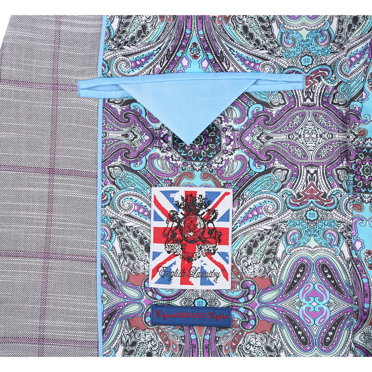 The ENGLISH LAUNDRY White Check Suit 12-60-092EL by English Laundry features a modern slim fit with notch lapels, two buttons, front pockets, and a patterned lining for a sharp, stylish look.