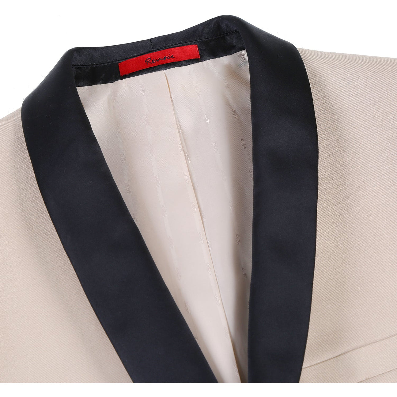 The Alessandro Vitello by Renoir Slim Fit 2-Piece Shawl Lapel Beige Tuxedo Suit 201-3 features a slim fit, black shawl lapel, single-breasted jacket with front pockets, and matching trousers displayed on a white background.