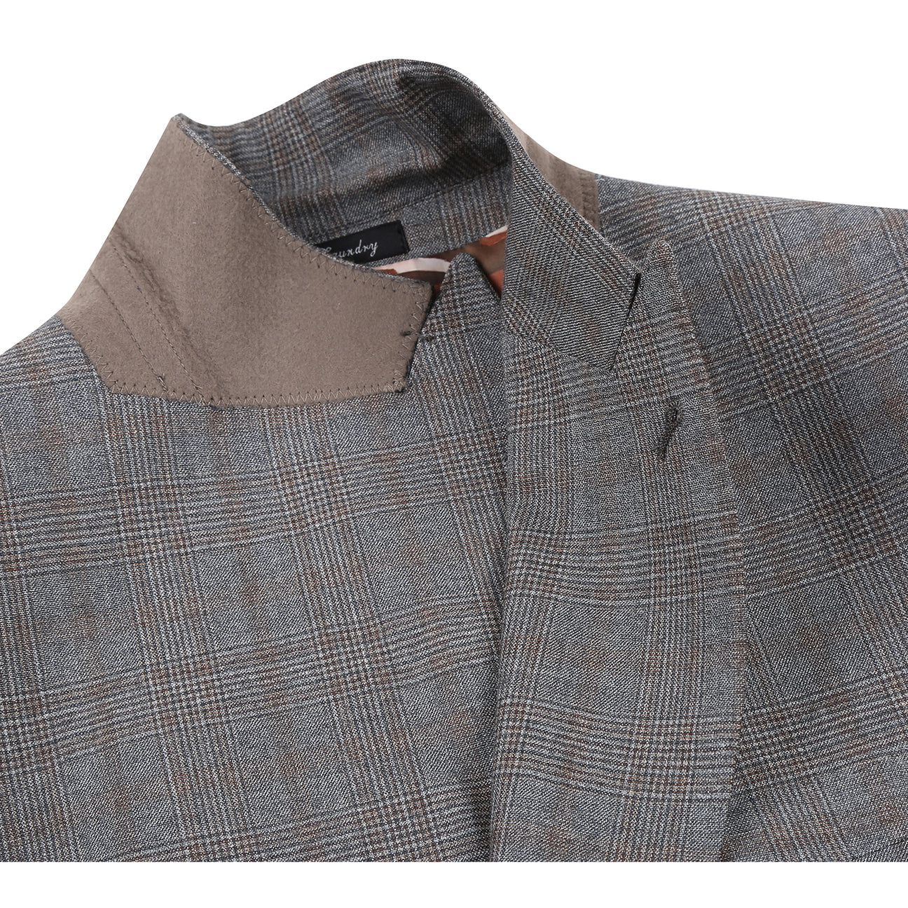 The ENGLISH LAUNDRY Double-breasted Gray Check Suit EL12-60-093 by English Laundry is showcased on a mannequin, styled with a white dress shirt and a red tie.