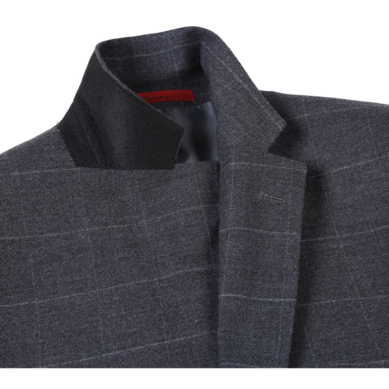 The Renoir Alessandro Vitello New Slim Fit Checked Gray Suit 293-31 is showcased on a mannequin over a white dress shirt with a purple polka dot tie, highlighting its modern elegance for men.