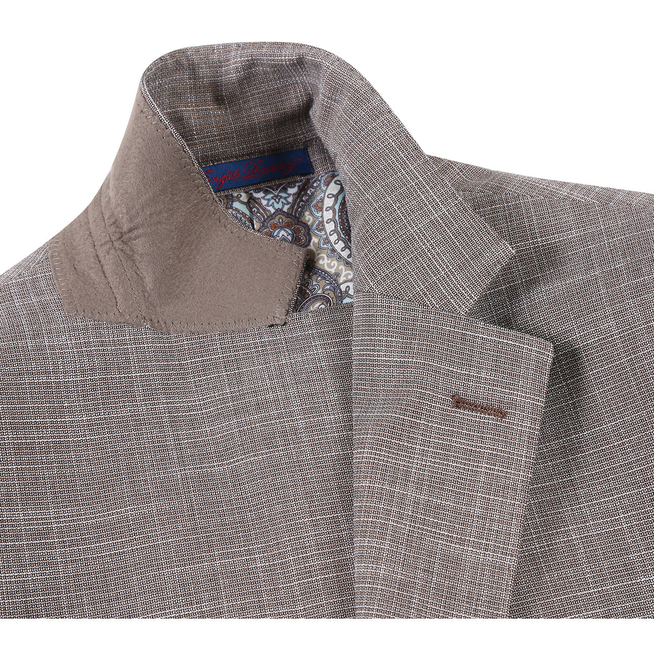 The ENGLISH LAUNDRY Brown Check Suit 22-18-652EL by English Laundry is a slim fit blazer with notch lapels, two-button closure, and patch pockets, shown over a white dress shirt and blue striped tie on a mannequin.