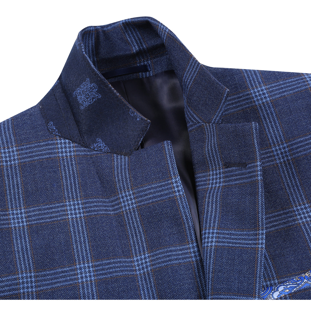 Renoir Alessandro Vitello New Slim Fit Wool Blue Blazer 567-5 features notch lapels, single-breasted style, and 100% wool. Shown with white shirt and striped tie; detail images highlight collar and inside label reading "Renoir.