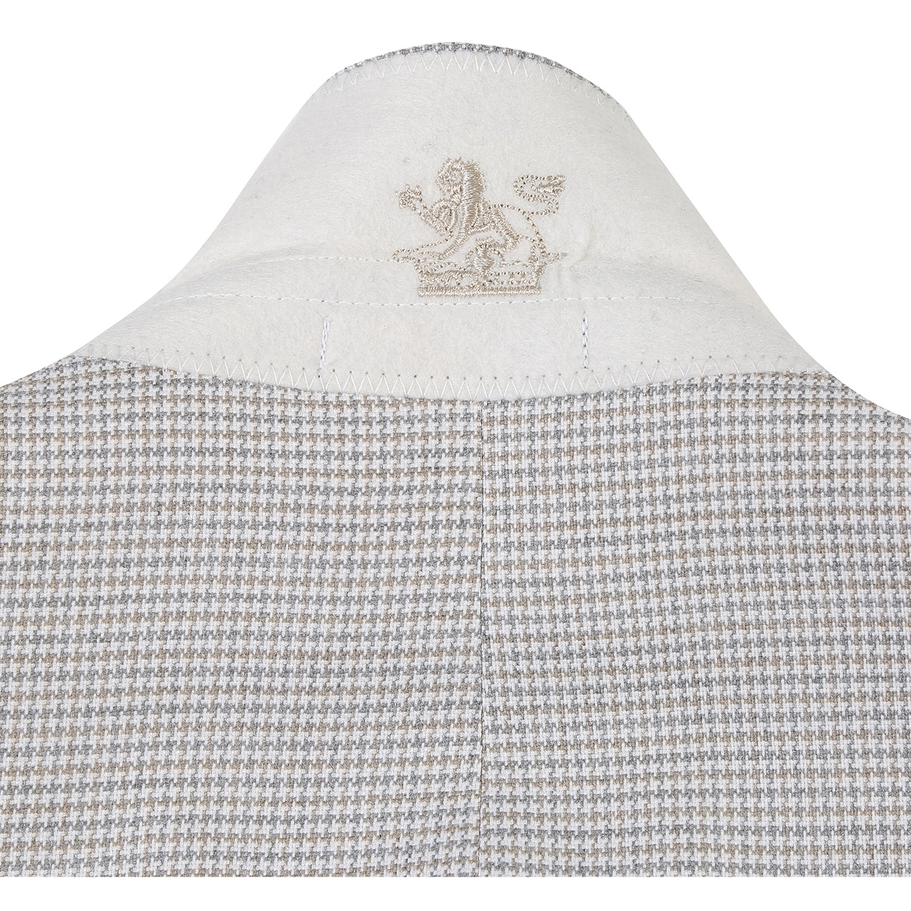 The English Laundry Smoke Grey Check Suit 12-20-600EL features a light gray slim fit jacket with a two-button closure, patch pockets, and is styled with a white shirt and striped red, black, and beige tie on a torso mannequin.