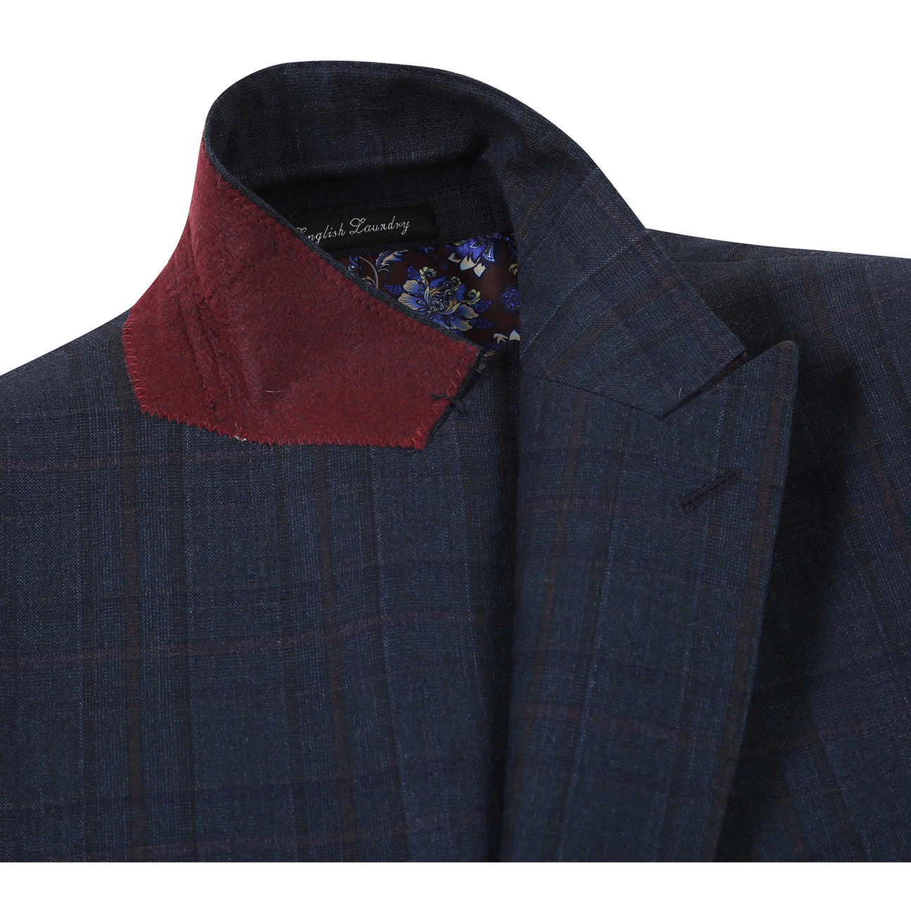 The ENGLISH LAUNDRY Dark Navy Check Suit EL12-56-475 by English Laundry is displayed on a mannequin with notched lapels, a white shirt, and striped tie—a sharp, modern two-button suit perfect for any occasion.
