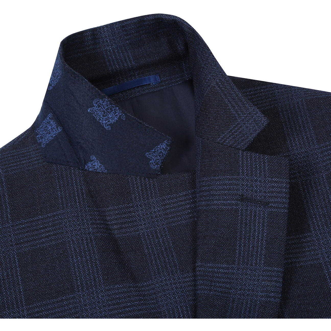 The Renoir Alessandro Vitello New Slim Fit Wool Navy Blazer 565-19 is shown on a mannequin with a white dress shirt, red polka dot tie, and blue pocket square.