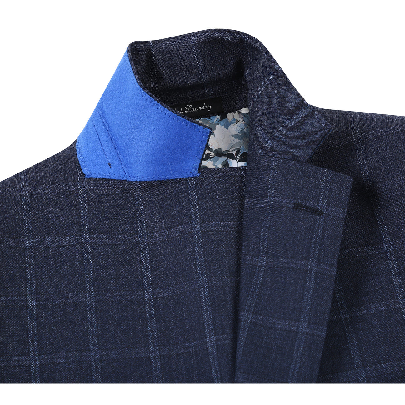 The ENGLISH LAUNDRY Navy Check Suit EL12-52-412 by English Laundry features a modern slim fit, shown here styled on a mannequin with a white dress shirt and striped tie for a sharp contemporary look.